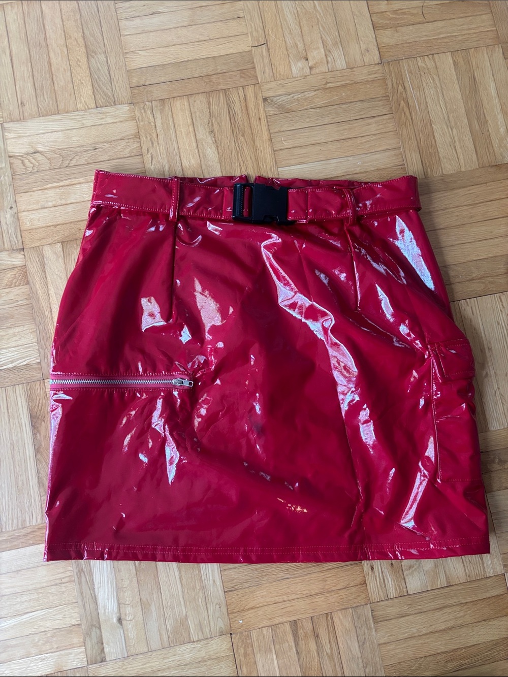 Patent Red Mini Skirt with Utility Buckle